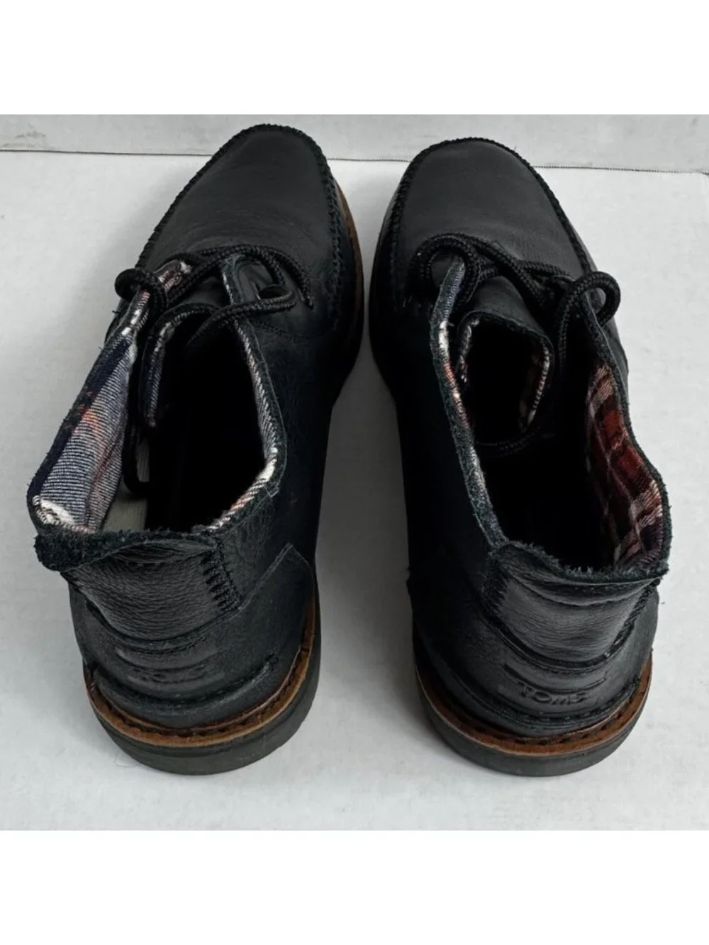 Toms Mens Plaid Lined Embossed Leather Chukka Lace Up Ankle Boots Black Sz 9 EUC